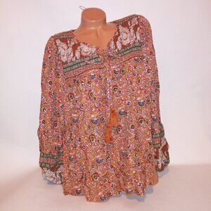 Grace & Karma Blouse Womens Boho Hippie Orange Multi Smocked Long Sleeve